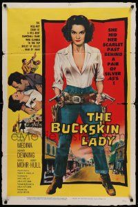 8y118 BUCKSKIN LADY 1sh '57 sexy full-length bad cowgirl Medina with both guns drawn!