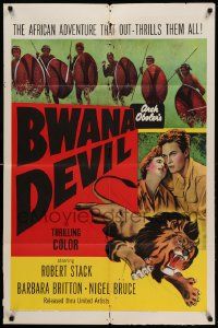 8y123 BWANA DEVIL 1sh R54 Robert Stack, Arch Oboloer, cool art of lion jumping from poster!