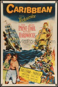 8y133 CARIBBEAN 1sh '52 cool art of barechested pirate John Payne & sexy Arlene Dahl!