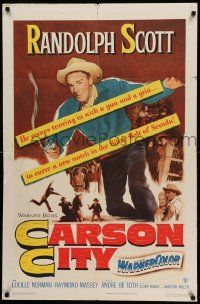 8y138 CARSON CITY 1sh '52 cowboy Randolph Scott in Nevada with a gun and a grin!