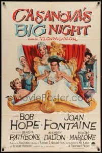 8y139 CASANOVA'S BIG NIGHT 1sh '54 wacky artwork of Bob Hope in bed, Joan Fontaine!