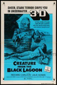 8y172 CREATURE FROM THE BLACK LAGOON 1sh R72 great art of monster attacking sexy Julie Adams, 3-D!