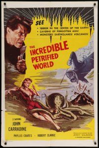 8y415 INCREDIBLE PETRIFIED WORLD 1sh '59 art of sexy Phyllis Coates attacked by octopus monster!