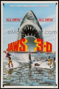 8y429 JAWS 3-D 1sh '83 great Gary Meyer shark artwork, the third dimension is terror!