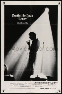 8y457 LENNY 1sh '74 cool image of Dustin Hoffman as comedian Lenny Bruce at microphone!