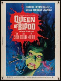 8z372 QUEEN OF BLOOD 30x40 '66 Basil Rathbone, cool art of female monster & victims in her web!