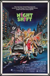 9c625 NIGHT SHIFT 1sh '82 Michael Keaton, Henry Winkler, sexy girls in hearse art by Mike Hobson!