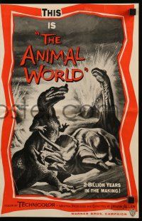 9d551 ANIMAL WORLD pressbook '56 great artwork of prehistoric dinosaurs & erupting volcano!