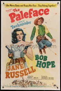 9f182 PALEFACE linen 1sh '48 art of sexy Jane Russell with two pistols & cowboy Bob Hope!