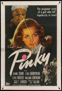 9f189 PINKY linen 1sh '49 Elia Kazan directed, Jeanne Crain, classic half-white/half-black image!