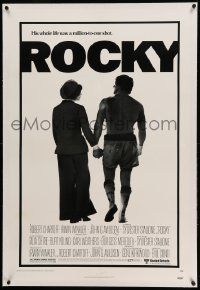 9f204 ROCKY linen 1sh '76 boxer Sylvester Stallone holding hands with Talia Shire, boxing classic!