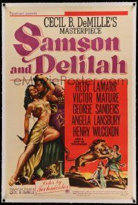 9f213 SAMSON & DELILAH linen 1sh '49 art of Hedy Lamarr & Victor Mature, Cecil B. DeMille!