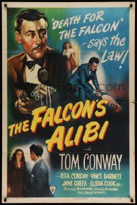 9p315 FALCON'S ALIBI style A 1sh '46 the law says death for detective Tom Conway, cool montage art!