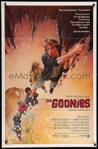 9p401 GOONIES int'l 1sh '85 wonderful Drew Struzan art of top cast hanging from stalactite!