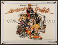 9w384 AMERICAN GRAFFITI 1/2sh '73 George Lucas teen classic, wacky Mort Drucker artwork of cast!