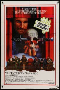 9y887 THEATRE OF BLOOD 1sh '73 great art of Vincent Price holding bloody skull w/dead audience!