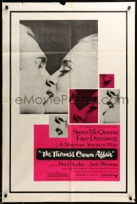 9y895 THOMAS CROWN AFFAIR 1sh '68 best kiss close up of Steve McQueen & sexy Faye Dunaway!