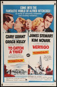 9y904 TO CATCH A THIEF/VERTIGO 1sh '63 Alfred Hitchcock shown, Grant, Kelly, Stewart & Novak!