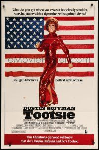 9y912 TOOTSIE advance 1sh '82 great full-length image of Dustin Hoffman in drag by American flag!