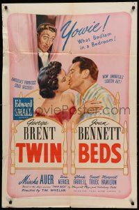 9y929 TWIN BEDS 1sh '42 wacky artwork of George Brent, Joan Bennett & Mischa Auer!