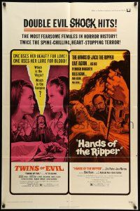 9y931 TWINS OF EVIL/HANDS OF THE RIPPER 1sh '72 fearsome females, Hammer horror double-feature!