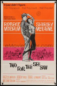 9y932 TWO FOR THE SEESAW 1sh '62 art of Robert Mitchum & sexy beatnik Shirley MacLaine by Hooks!