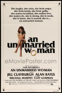 9y942 UNMARRIED WOMAN 1sh '78 Paul Mazursky directed, sexy Jill Clayburgh sitting on title!