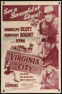 9y952 VIRGINIA CITY 1sh R56 Errol Flynn, Hopkins, top billed Randolph Scott & Humphrey Bogart!