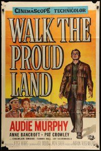 9y956 WALK THE PROUD LAND 1sh '56 art of Audie Murphy & Native American Anne Bancroft!