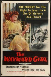 9y963 WAYWARD GIRL 1sh '57 great artwork of bad girl in nightie & fighting in prison!