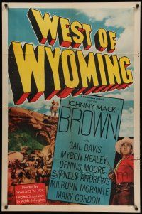 9y967 WEST OF WYOMING 1sh '50 Johnny Mack Brown standing with gun drawn & on horse on hilltop!