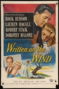 9y990 WRITTEN ON THE WIND 1sh '56 Brown art of sexy Lauren Bacall with Rock Hudson & Robert Stack!