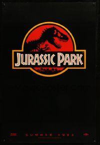 1g502 JURASSIC PARK teaser 1sh '93 Steven Spielberg, classic logo with T-Rex over red background