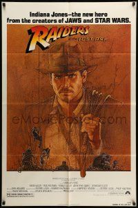 1j720 RAIDERS OF THE LOST ARK 1sh '81 great art of adventurer Harrison Ford by Richard Amsel!