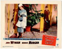 1k788 LADY TAKES A SAILOR LC #8 '49 Dennis Morgan spies on Jane Wyman as he holds her missing shoe!