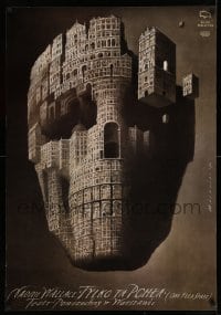 2f958 ONE FLEA SPARE stage play Polish 27x39 '99 Wieslaw Walkuski art of skull made of buildings!