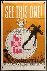 2z934 NINE HOURS TO RAMA 1sh '63 Saul Bass-like art of man running over pocket watch!