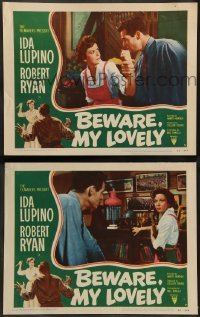 3g857 BEWARE MY LOVELY 2 LCs '52 film noir, Ida Lupino is trapped by Robert Ryan!