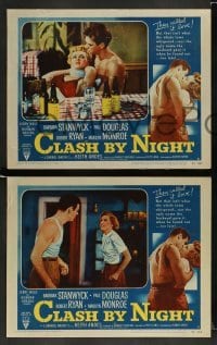 3g088 CLASH BY NIGHT 8 LCs '52 Fritz Lang, close up of Barbara Stanwyck & Robert Ryan arguing!