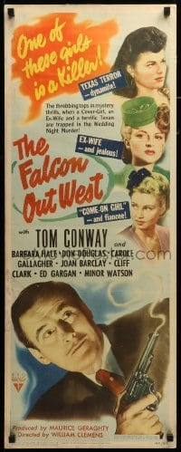 3m533 FALCON OUT WEST insert '44 great image of Tom Conway as The Falcon with three sexy suspects!