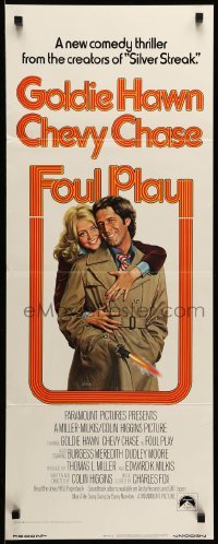 3m550 FOUL PLAY int'l insert '78 wacky Lettick art of Goldie Hawn & Chevy Chase, screwball comedy!