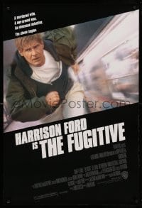 3w327 FUGITIVE 1sh '93 Harrison Ford is on the run from Tommy Lee Jones!