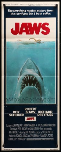 4c553 JAWS int'l insert '75 art of Spielberg's classic man-eating shark attacking sexy swimmer!