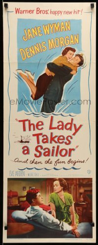 4c579 LADY TAKES A SAILOR insert '49 Michael Curtiz, Jane Wyman with boat captain Dennis Morgan!