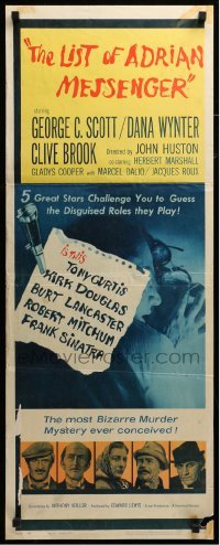 4c591 LIST OF ADRIAN MESSENGER insert '63 John Huston directs five heavily disguised great stars!