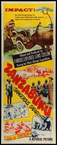 4c996 ZANZABUKU insert '56 Dangerous Safari in savage Africa, art of rhino ramming jeep!