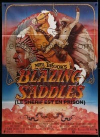 4p583 BLAZING SADDLES French 1p '75 classic Mel Brooks western, art of Cleavon Little on horse!