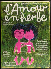 4p589 BONJOUR AMOUR French 1p '77 wacky Trambouze art of naked teen couple, L'Amour en herbe!!