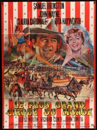 4p611 CIRCUS WORLD French 1p '64 best art of Claudia Cardinale & John Wayne by Jean Mascii!