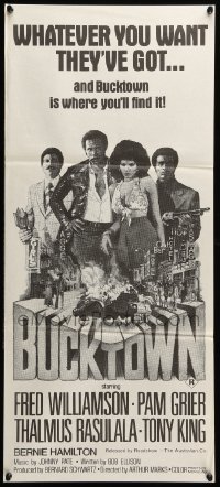 4r642 BUCKTOWN Aust daybill '75 art of Pam Grier, Fred Williamson & Thalmus Rasulala by R. Kinyon!